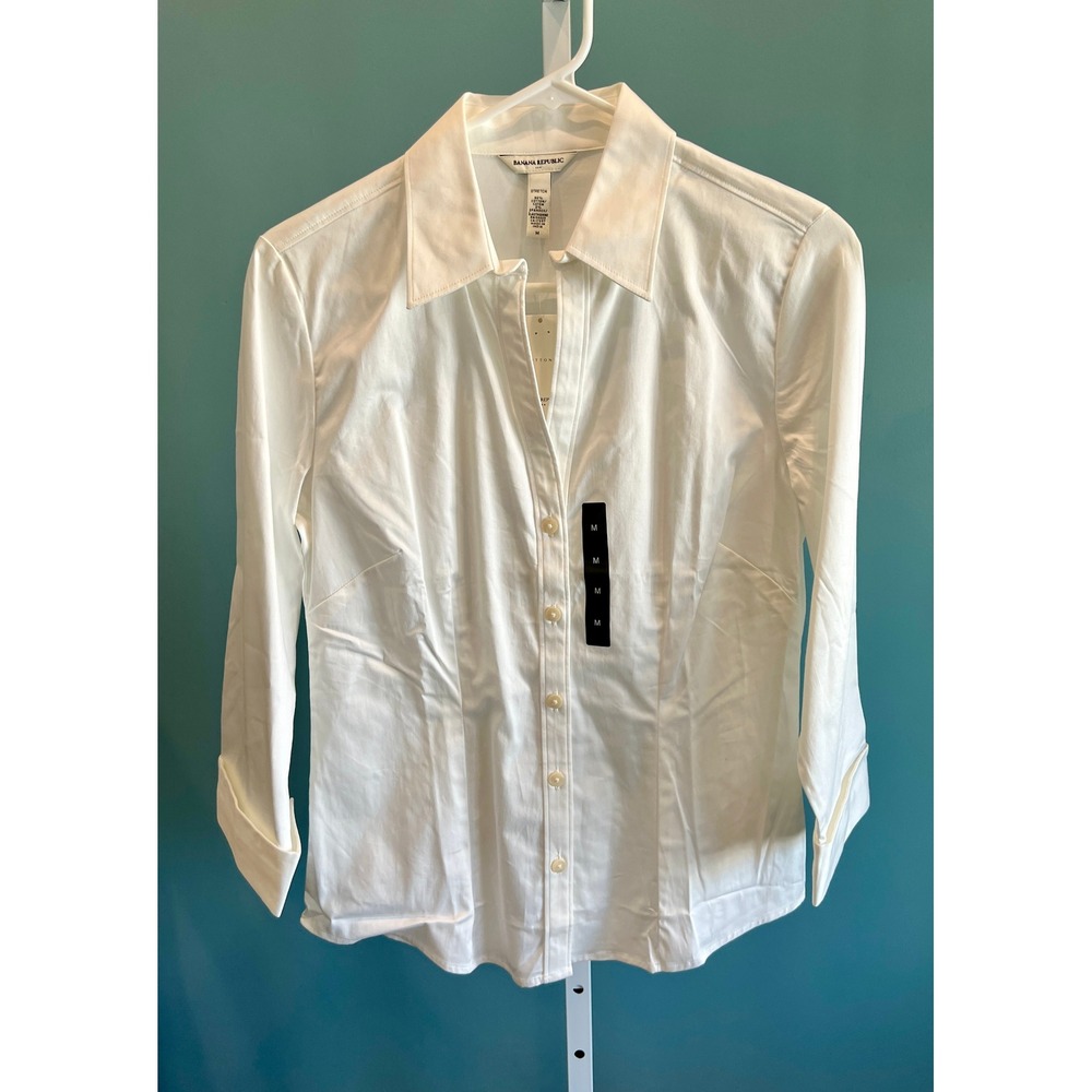 Banana Republic Button Down Womens M White Stretch Poplin French Cuff Shirt